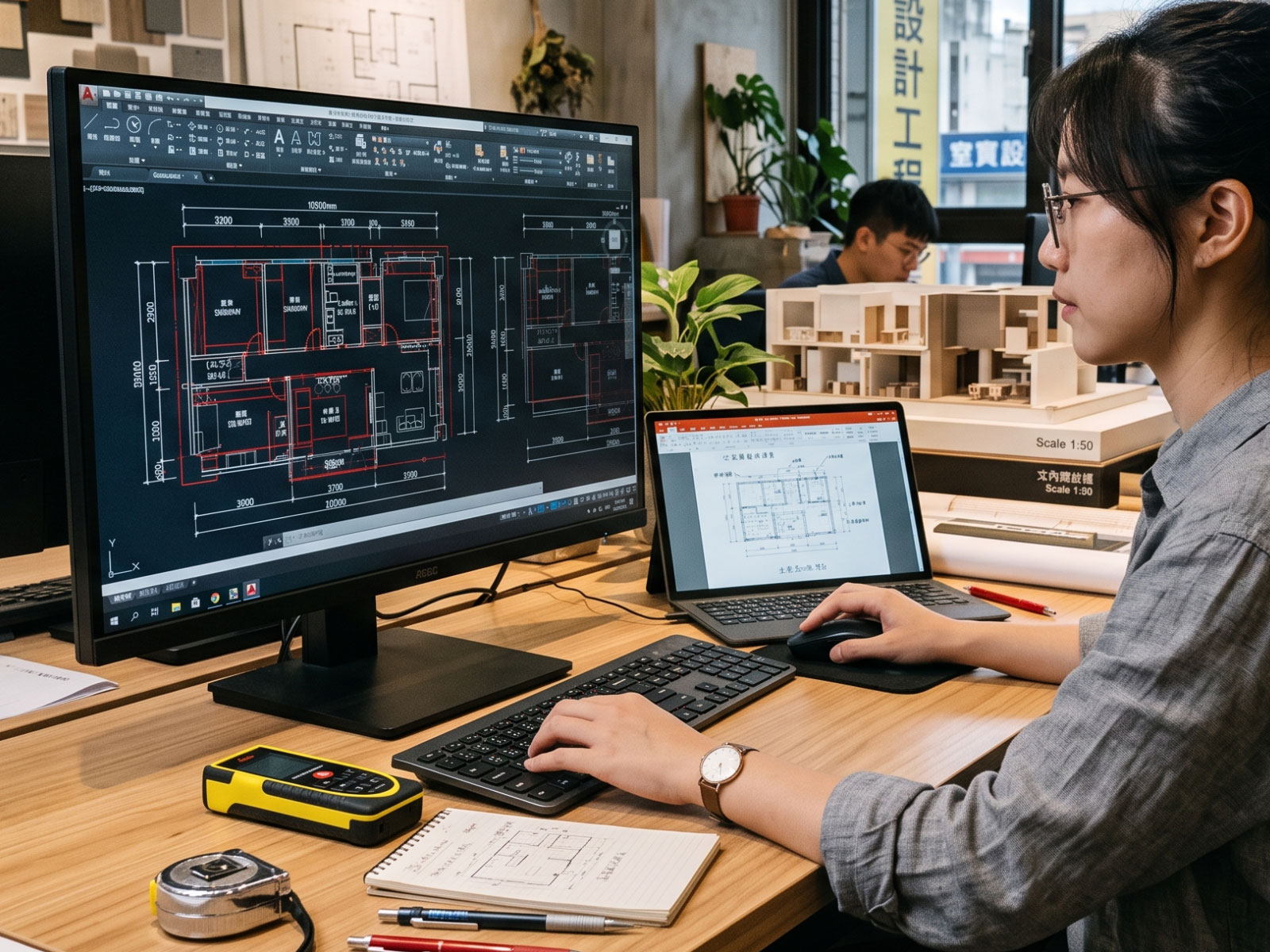 雅和室內設計的專業設計師正使用 AutoCAD 軟體繪製詳細的老屋翻新施工圖，展示嚴謹的設計流程與專業儀器配置