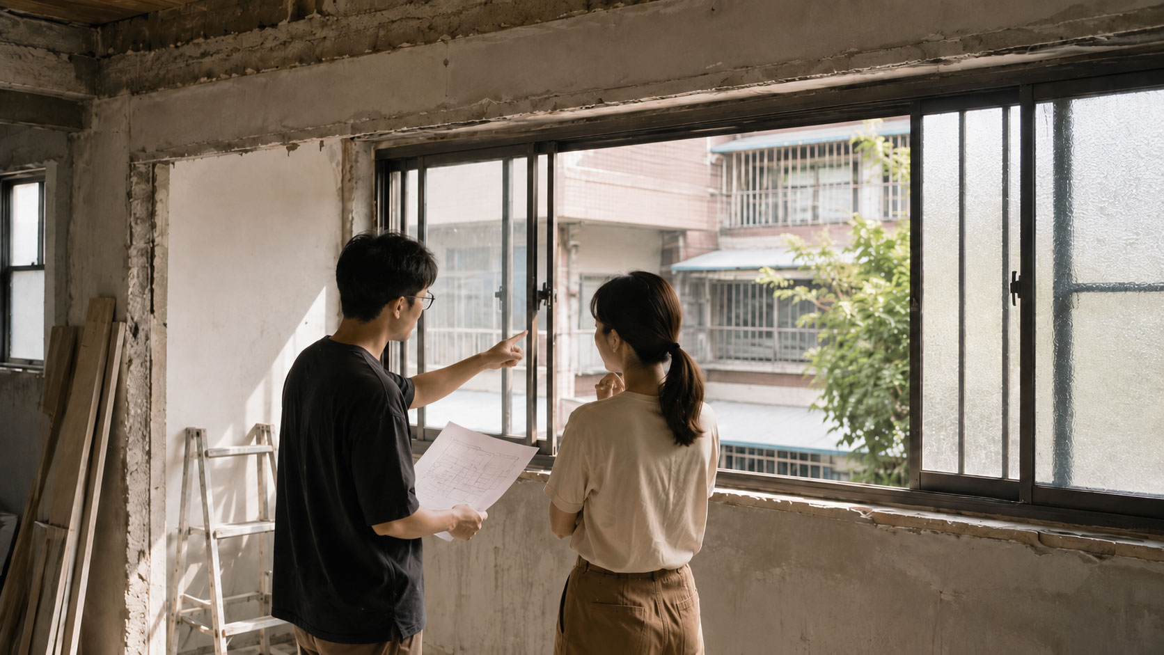 設計師與屋主討論窗戶規劃現場